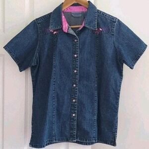 Vtg Wrangler Blues Denim Shirt Blue Floral Sequin Western Sz M Festival‎ Cowgirl
